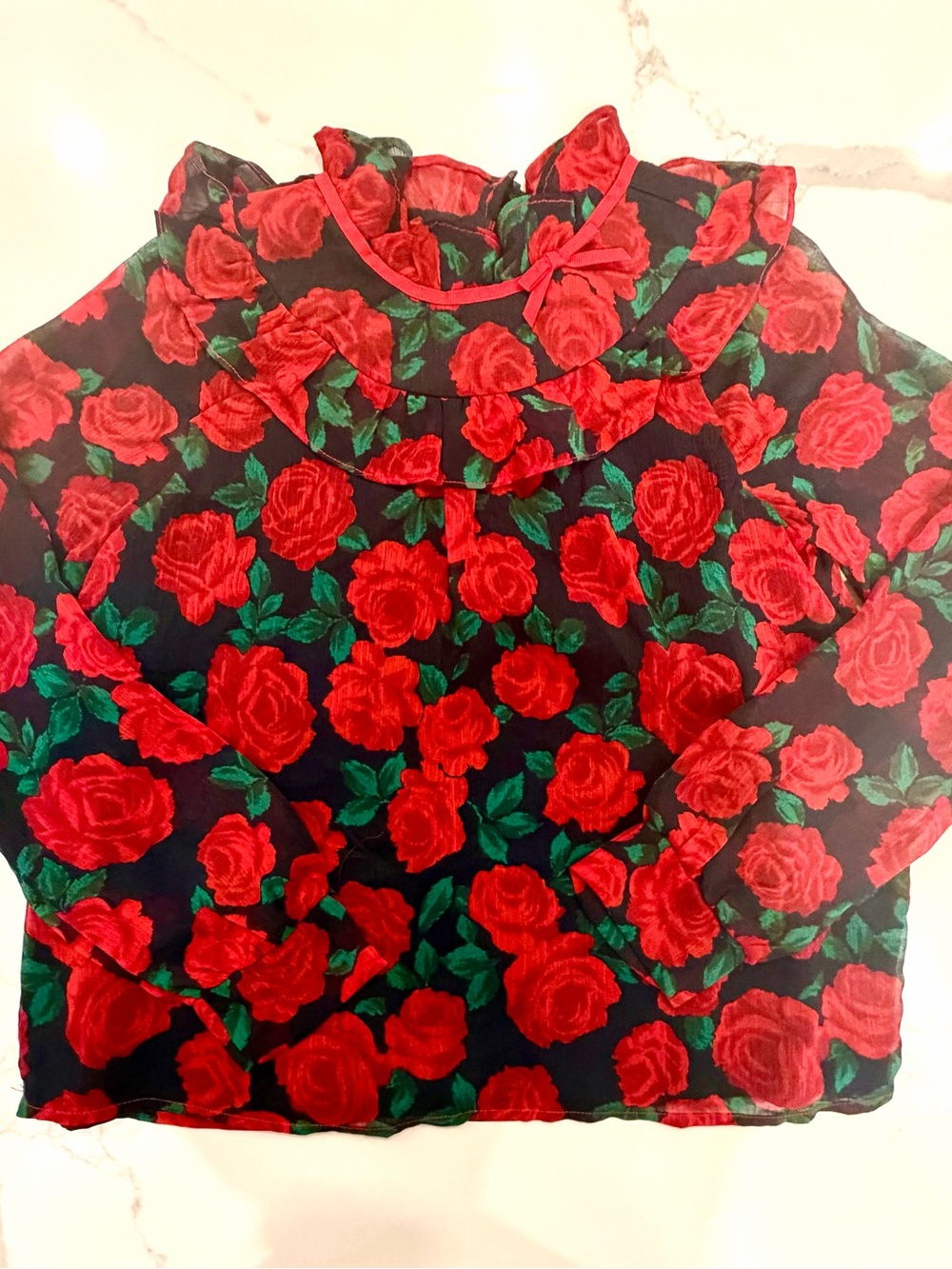 Janie and Jack Black Blouse with Red Rose Print and Green Leaves